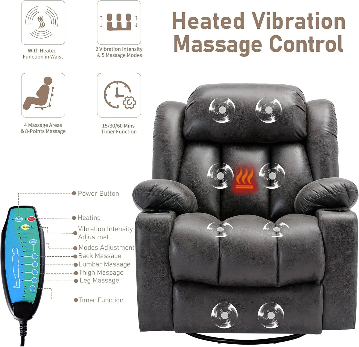 360° Swivel Rocker Recliner Chair Heat Massage Manual Glider Reclining USB Ports Grey