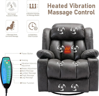 360° Swivel Rocker Recliner Chair Heat Massage Manual Glider Reclining USB Ports Grey