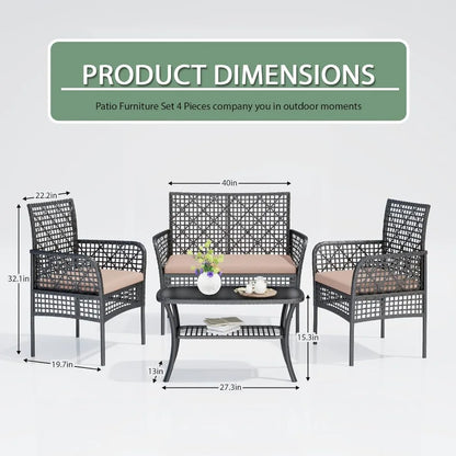 4-Piece Patio Furniture Set, Weather-Resistant Rattan Patio Conversation Set with Two-Tier Coffee Table, Upholstered Openwork Wi