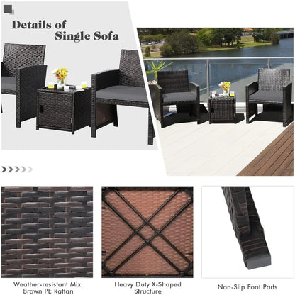 3 Piece Outdoor Bistro Set, PE Wicker Patio Conversation Set with Side Storage Table with Door, Soft Cushions and Pro