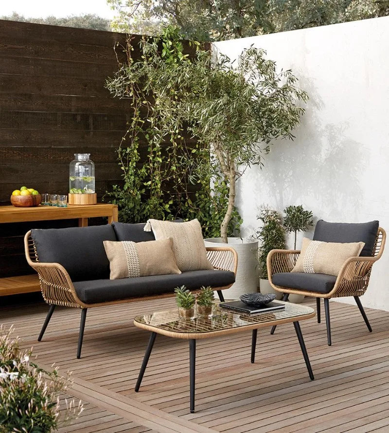 Nordic Modern Design Outdoor Rattan Furniture Rainproof Sunproof for Courtyard Balcony Villa Open-Air Leisure Outdoor Sofa Set