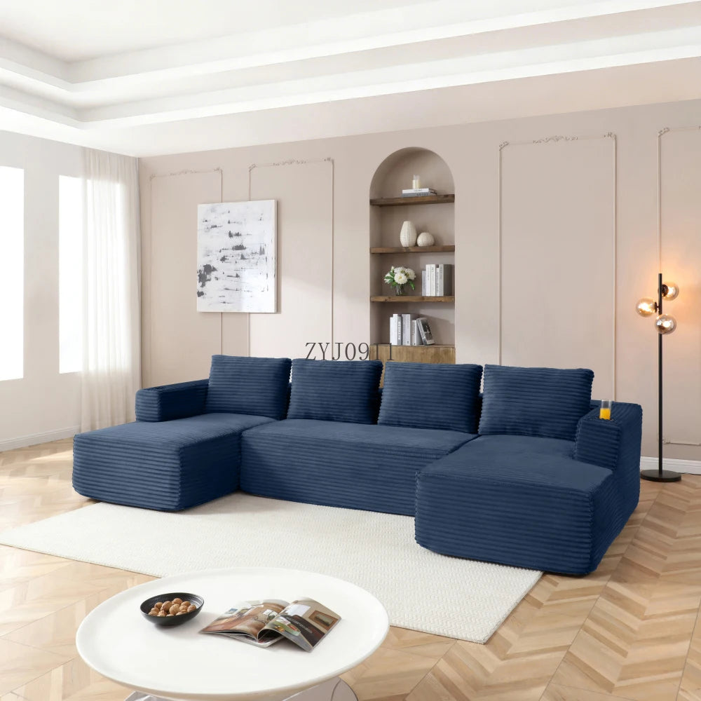 132-Inch boneless sofa, modern corduroy U-shaped modular section sofa, comfortable sofa with cup holder
