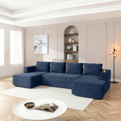 132-Inch boneless sofa, modern corduroy U-shaped modular section sofa, comfortable sofa with cup holder