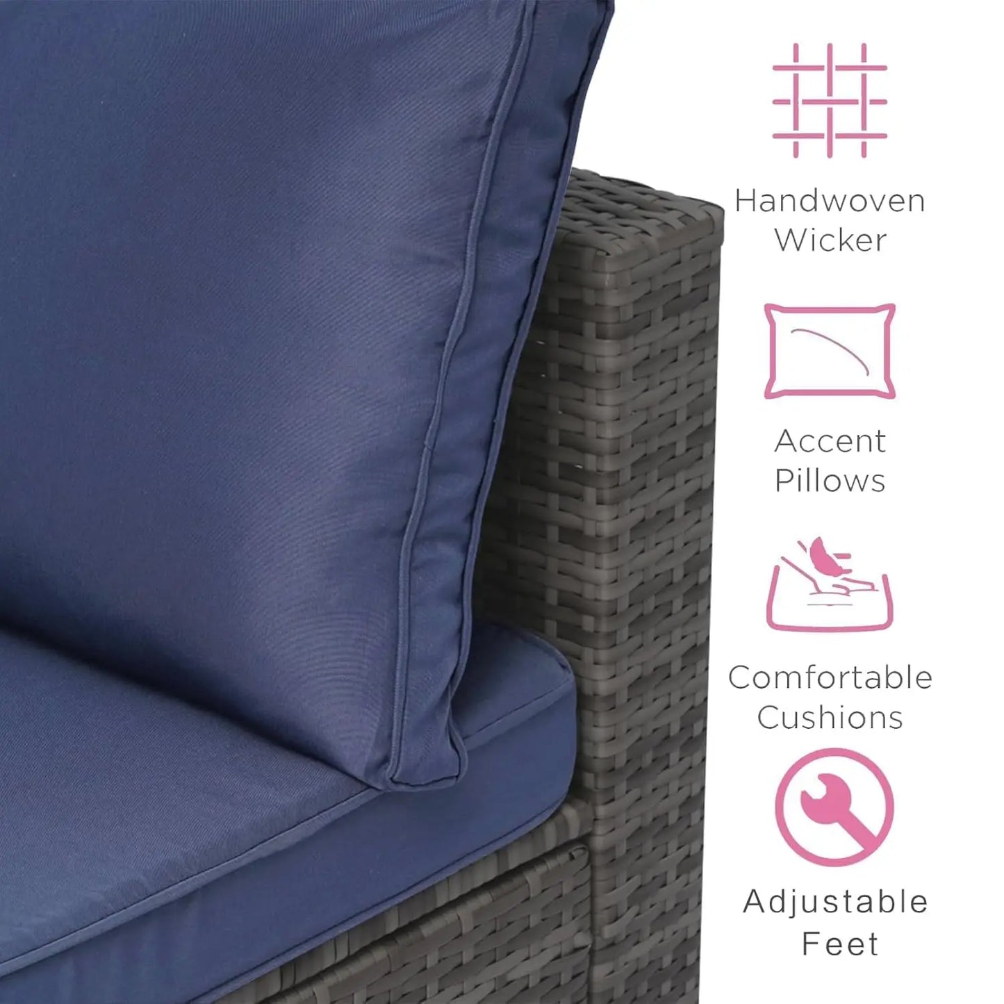 7-Piece Outdoor Rattan Sectional Sofa Set, Gray Wicker Patio Furniture Sets with Navy Blue Cushions for Balcony,, Customized