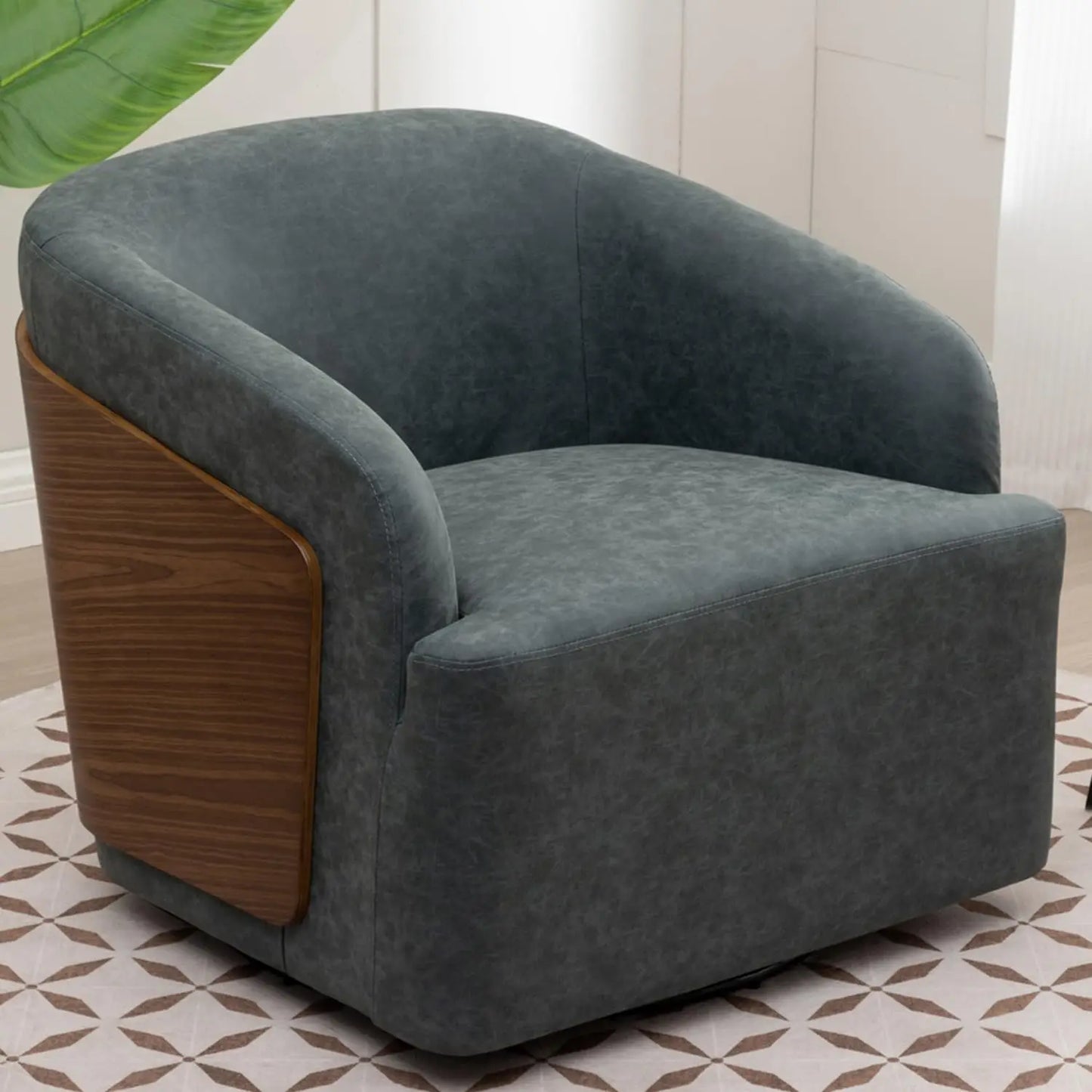 Swivel Accent Chair Faux Leather Swivel Barrel Chair Comfortable Mid Century Modern Chair Upholstered Metal Base, Customized