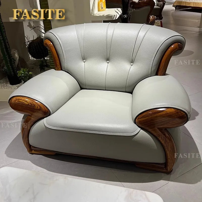 Ebony leather sofa modern light luxury high-end living room villa first layer cowhide solid wood new Chinese-style small