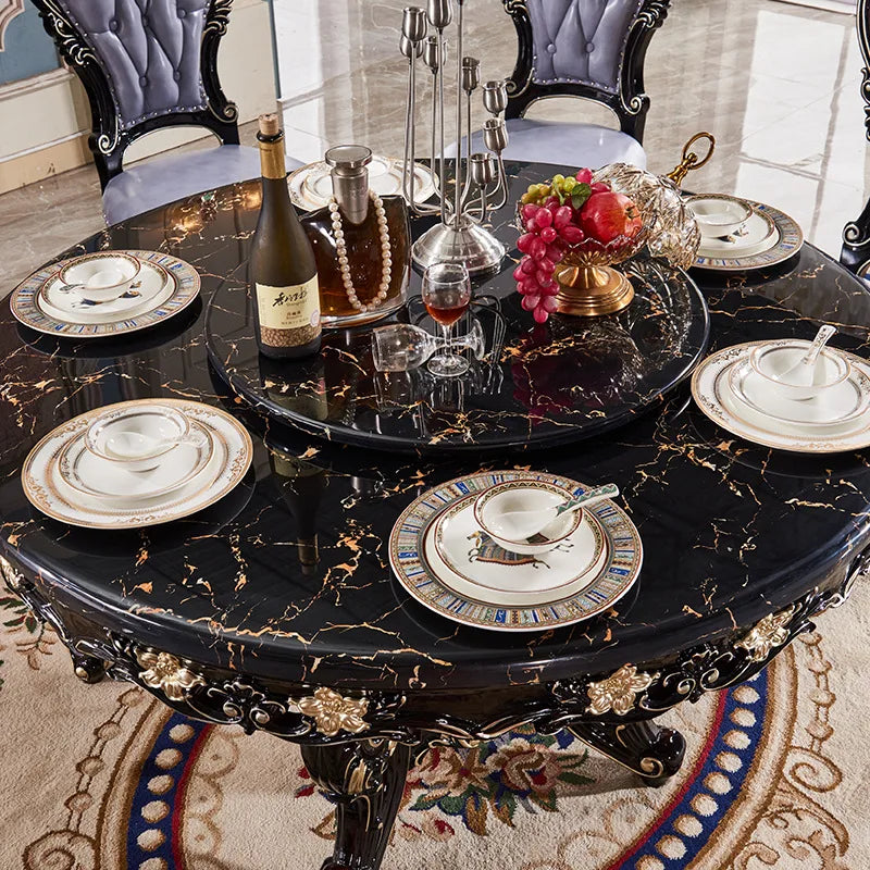 European marble dining table and chair combination American round table ebony French solid wood round home