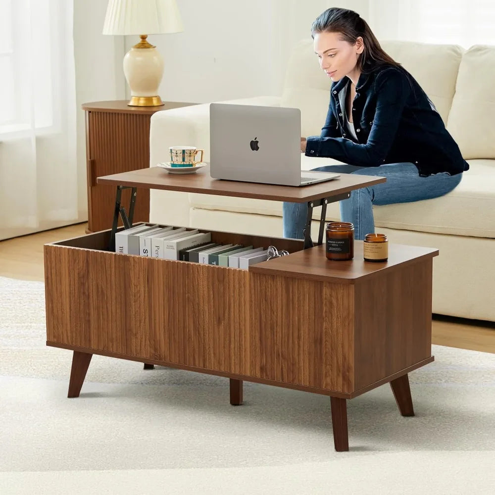 Modern Rectangular Coffee Table with Fluted Design, Lift Top and Hidden Storage
