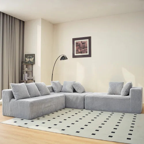 Modular U-Shaped Sectional Sofa,Striped Corduroy Fabric in grey – Living Room or Bedroom Couch, Freely Configurable Layout.