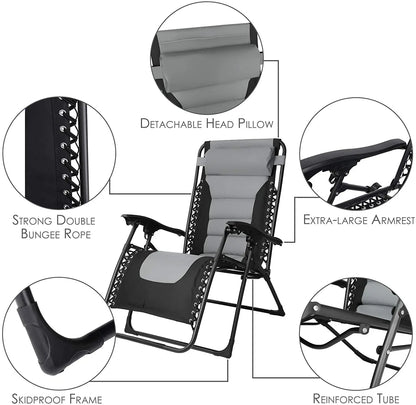 Padded Zero Gravity Lounge Chair Folding Patio Recliner with Adjustable Headrest & Cup Holder, Support 160kg Sun Loungers