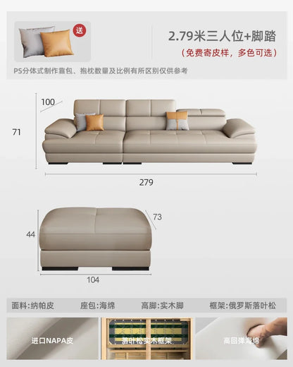 Nordic leather sofa with cowhide top layer, simple modern size, living room, Italian minimalist cream style leather sofa