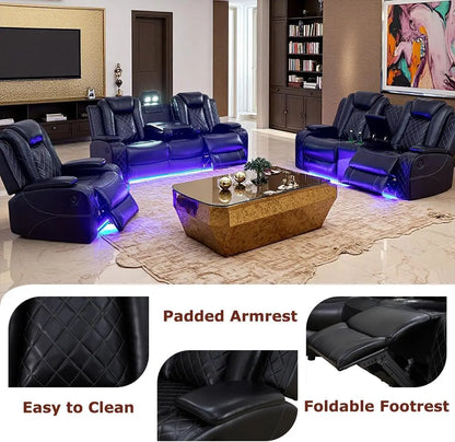 Power Recliner Sofa Set, Black Leather 3 Pieces Sectional Couch, Living Room Furniture Sets with LED Light, Modern Power