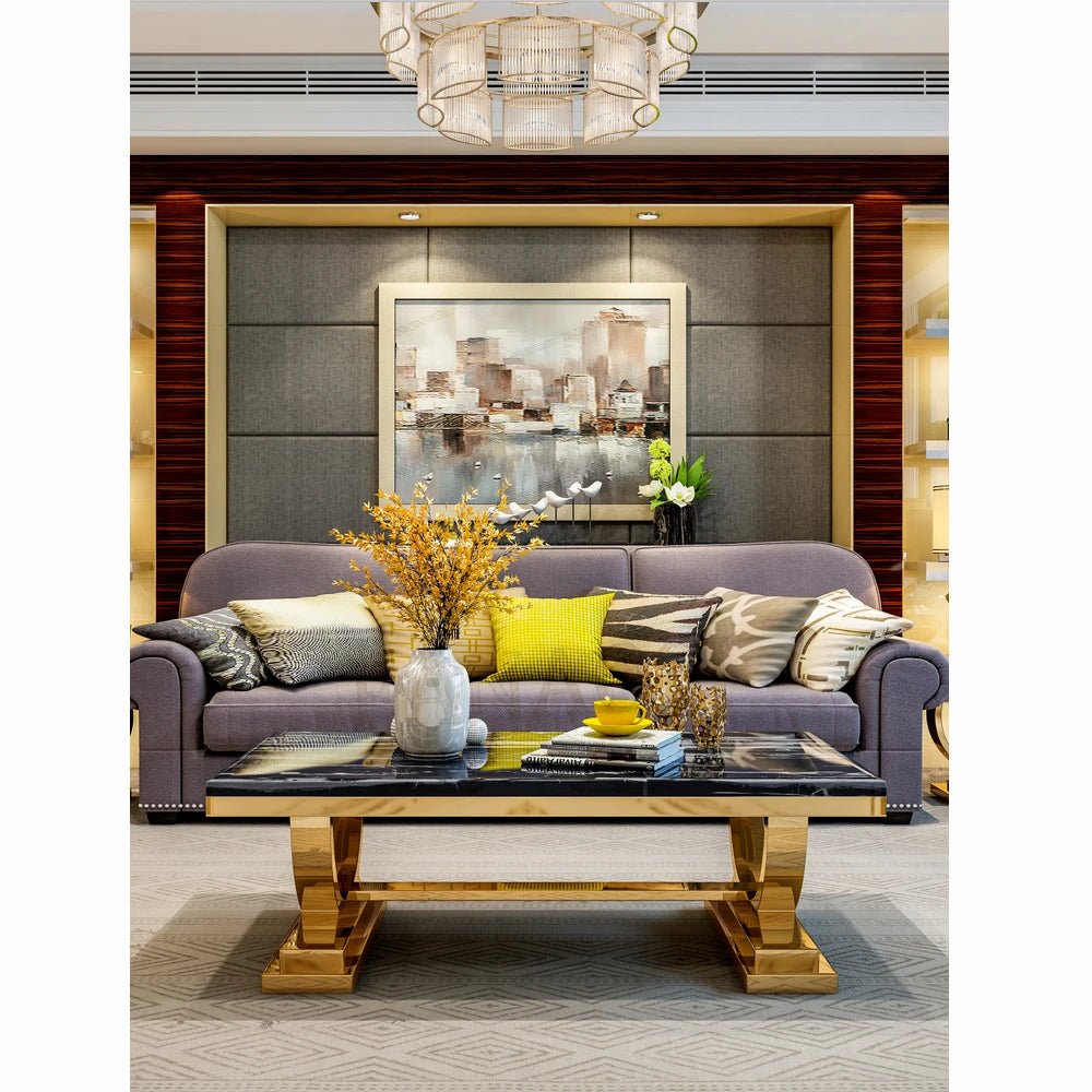 Light luxury marble coffee table stainless steel living room household gold square tea table