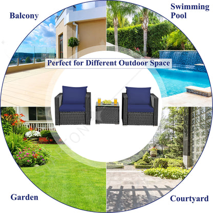 Latest Arrival 3PCS Patio Rattan Wicker Furniture Set Sofa Table W/Cushion Yard Navy