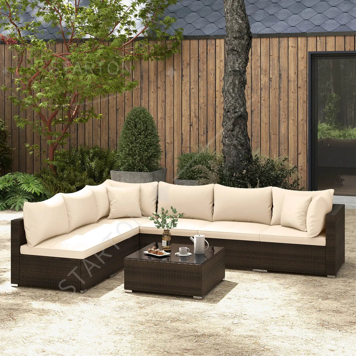 Hot Sale Item 7 PCS Patio Rattan Furniture Set Sectional Sofa Cushioned Garden Brown
