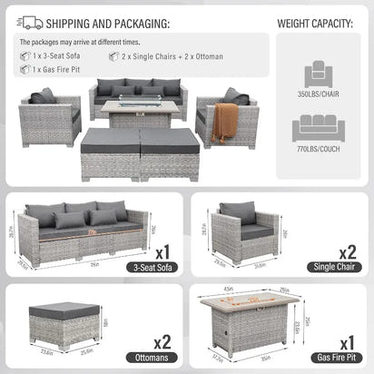 Patio Furniture Set 6 Piece Grey Wicker Outdoor Furniture Patio Sectional Sofa Couch PE Rattan Conversation Sets with Fir
