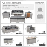 Patio Furniture Set 6 Piece Grey Wicker Outdoor Furniture Patio Sectional Sofa Couch PE Rattan Conversation Sets with Fir
