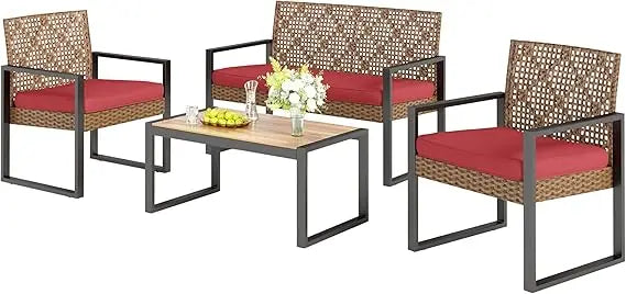 Sophia & William 4 Pieces Patio Conversation Set, Wicker Outdoor Furniture Set for 4, All Weather Outdoor Seating Set, Rattan Lo
