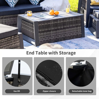 Aluminum Patio Furniture Modern Outdoor Sofa Rattan Garden Sofa with Storage Coffee Table (Grey)