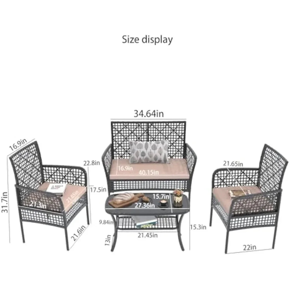 Outdoor 4 Pieces Furniture Set PE Wicker Chairs,Rattan Loveseat,Patio Conversation Sofa For Pool Yard,Garden Or Backyard