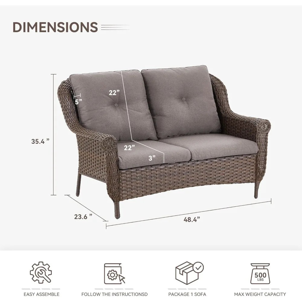 Wicker Sofa Brown Rattan Loveseat Outdoor Couch with Chrysanthemum Armrest & Water Resistant Cushions Sofa for Garden Balcony