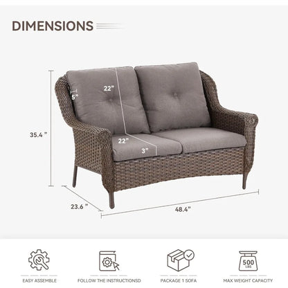 Wicker Sofa Brown Rattan Loveseat Outdoor Couch with Chrysanthemum Armrest & Water Resistant Cushions Sofa for Garden Balcony