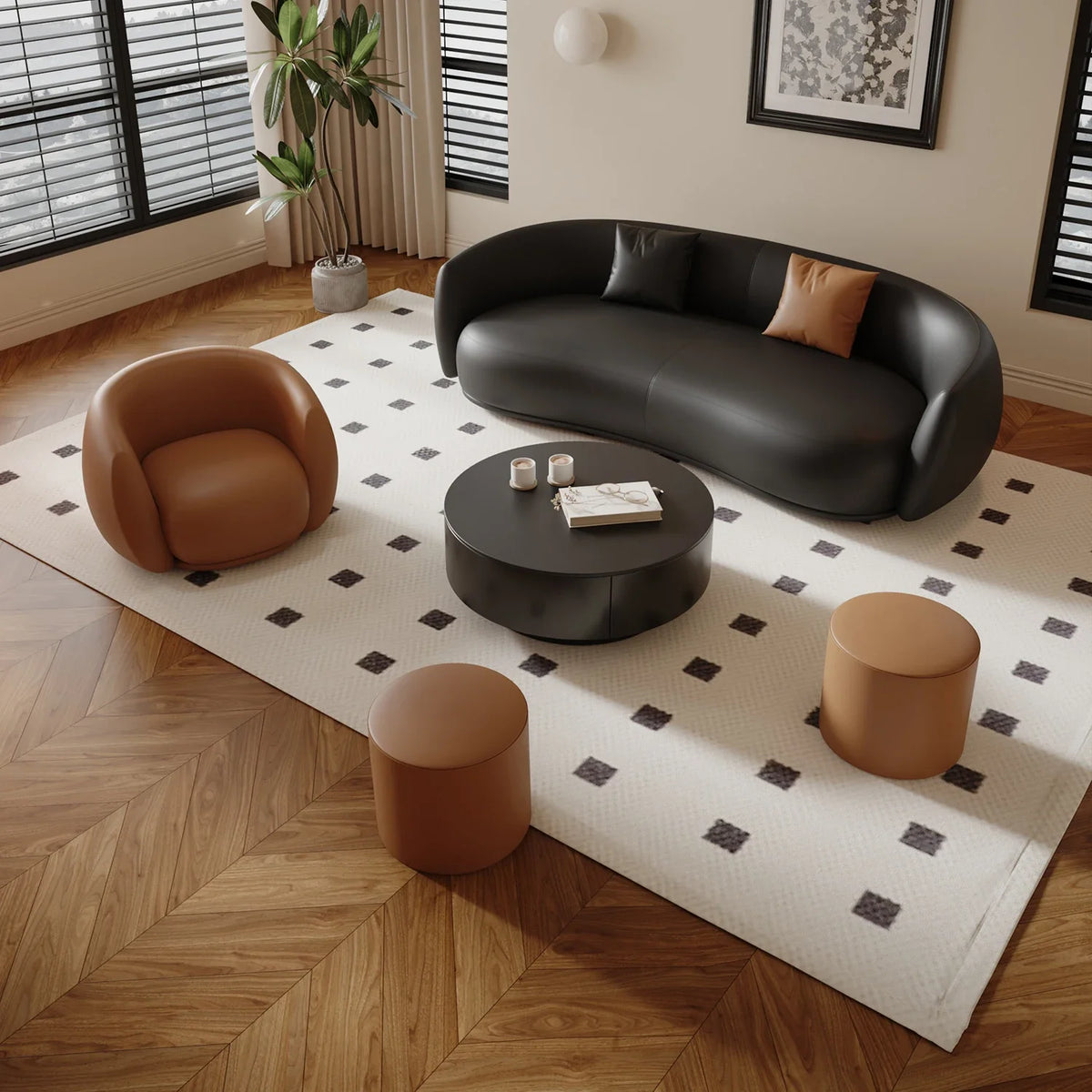 small apartment curved beauty salon Internet celebrity clothing store, rest area negotiation, black leather sofa