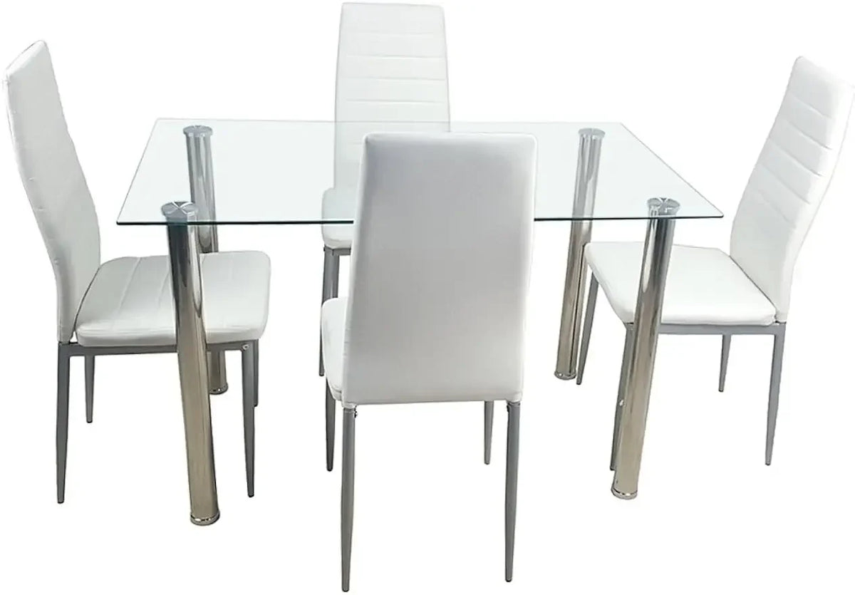 Dining Room Table Set,5-Piece Kitchen Dining Set with Glass Table Top 4 PU  Metal Frame Chairs A