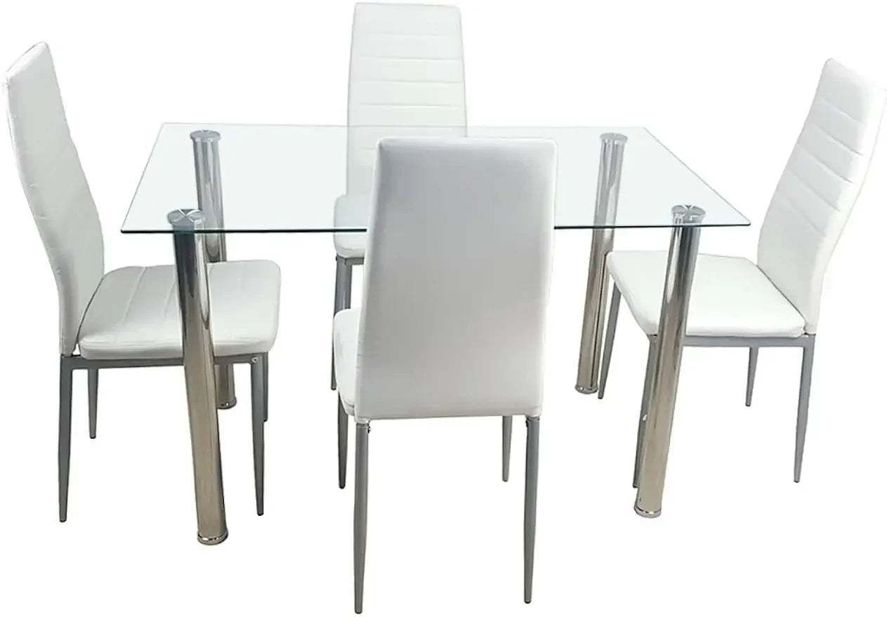Dining Room Table Set,5-Piece Kitchen Dining Set with Glass Table Top 4 PU  Metal Frame Chairs A