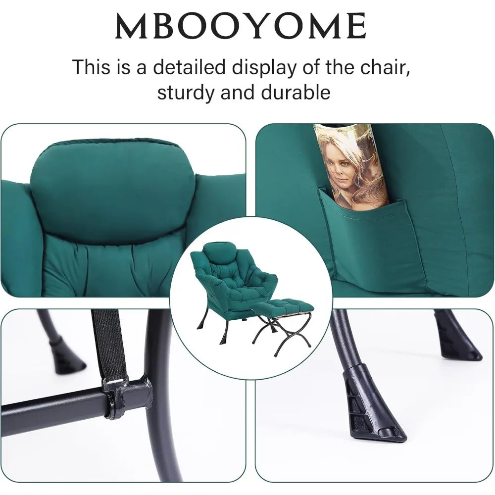 Modern Lounge Chair with Folding Ottoman, Armrests, Side Pocket, and Foldable Footrest for Leisure Reading