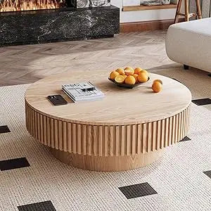Round Coffee Table, Modern Black Side Table End Table for Living Room, Wood Circle Drum Coffee Table with Handcrafted Relief, Co