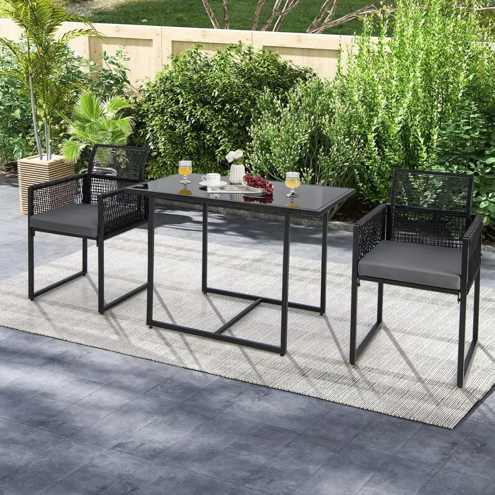 Outdoor Patio Dining Set with Cushions, Folding Backrest, Tempered Glass Table, PE Rattan Furniture