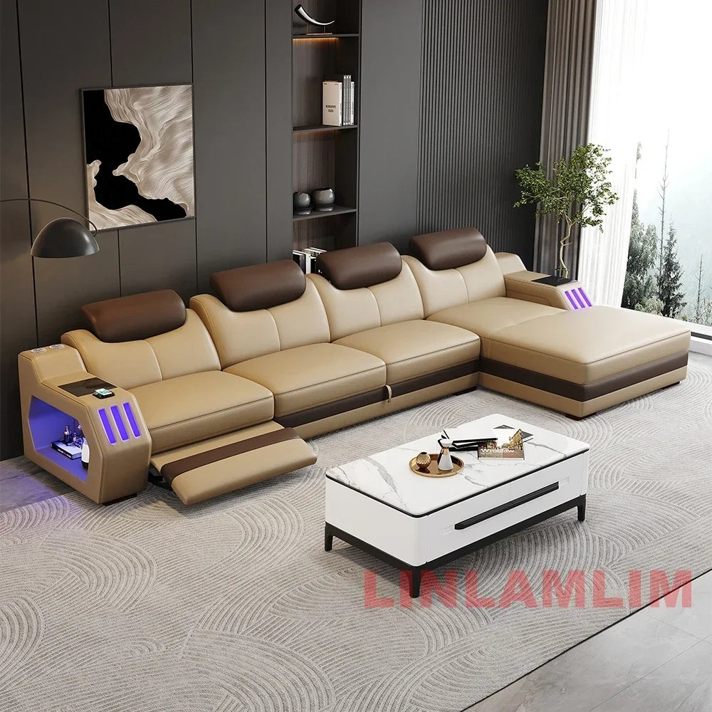 Modern Genuine Leather Massage Sectional Sofa Bed with Adjustable Headrests & LED Lights, Recliner Couch Set with Storage & USB