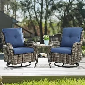 Chair Outdoor, Patio Bistro Furniture Conversation Set, Cushioned Wicker Chair with Glass Coffee