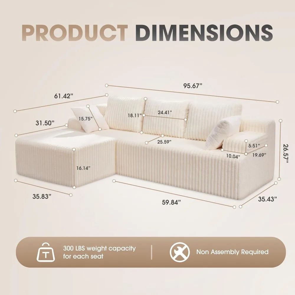 3-Seater L-Shaped Cloud Sectional Sofa with Memory Foam Cushions Oversized Chaise Ultimate Comfort for Home Living Room