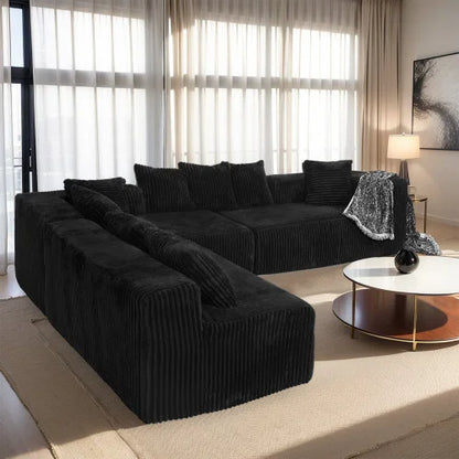 Modular U-Shaped Sectional Sofa,Striped Corduroy Fabric in BLACK – Living Room or Bedroom Couch, Freely Configurable Layout.