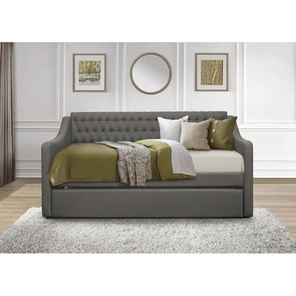Modern Gray Upholstered Daybed with Pull-Out Trundle on Casters, Tufted Design for Bedroom or Living Room Furniture