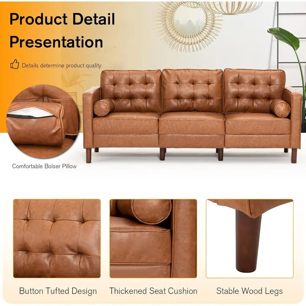 Brown Premium 3-Seater Faux Leather Sofa with Tufted Back & 2 Pillows for Living Spaces