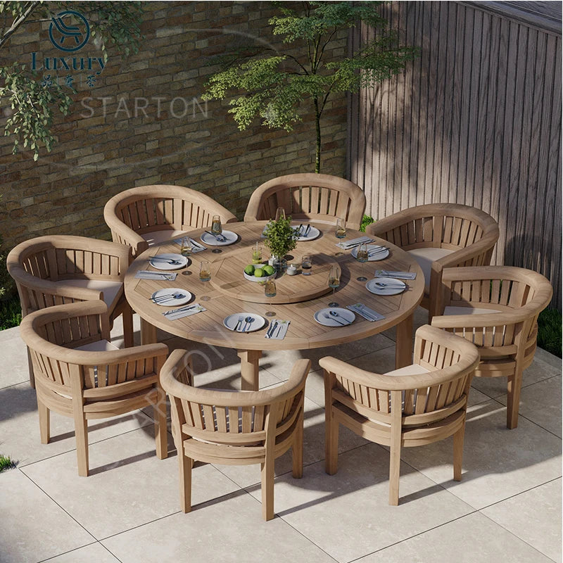 Modern Patio Furniture Set Solid Teak Wood Round Outdoor Table Set 8 Seats Garden Table Sets
