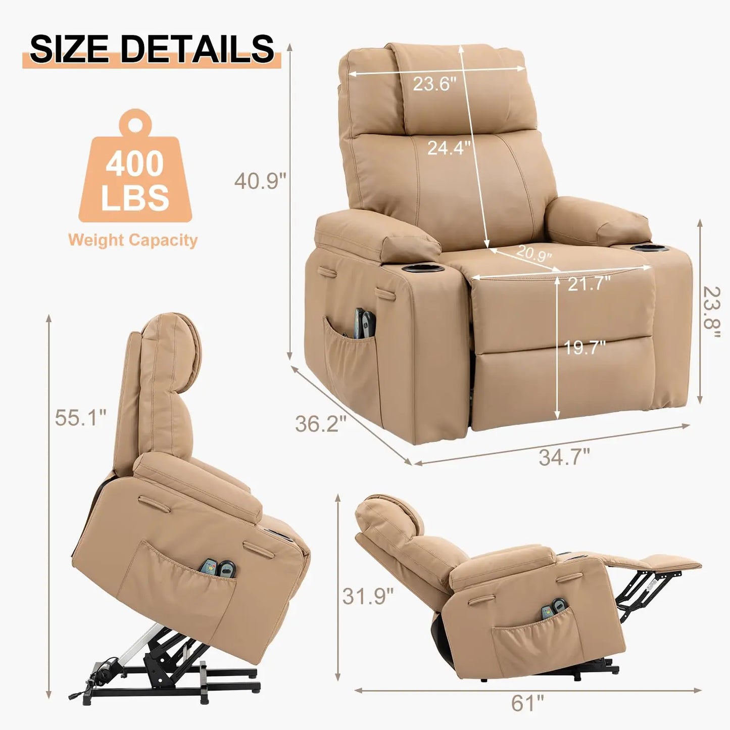 Dual Motor Power Lift Recliner for Elderly Adults with Heat Massage Lay Flat Feature Wireless Remote Cup Holder Customizable