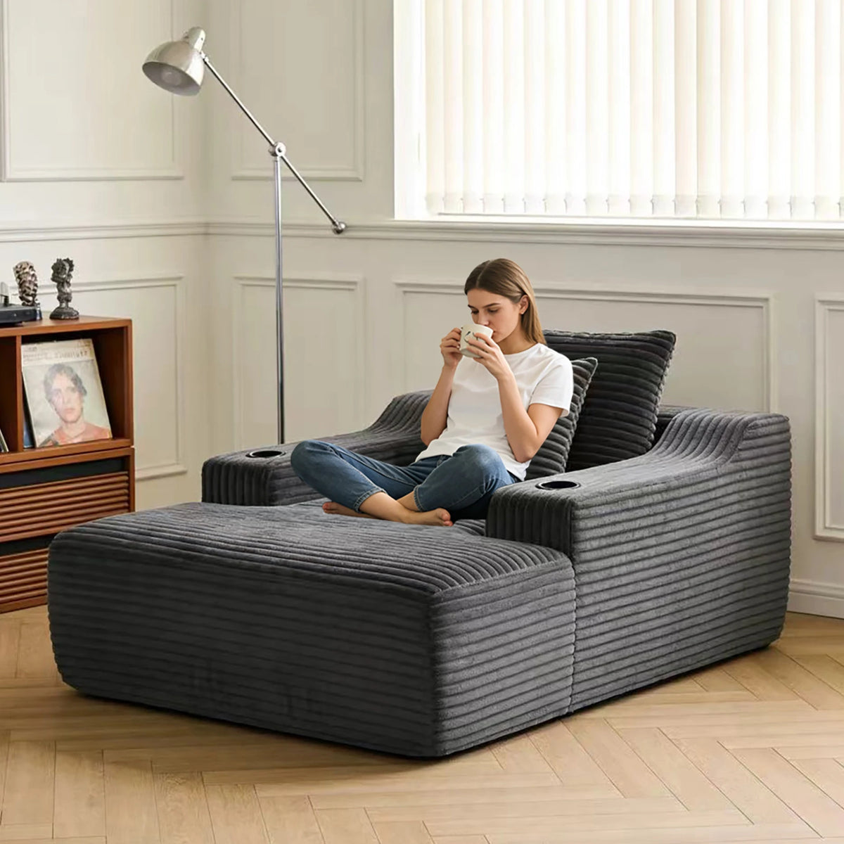 67 Inch Chaise Lounge Chair Indoor, Oversized Corduroy Upholstered Boneless Sofa Bed, Cloud Sofas Couches for Living Room