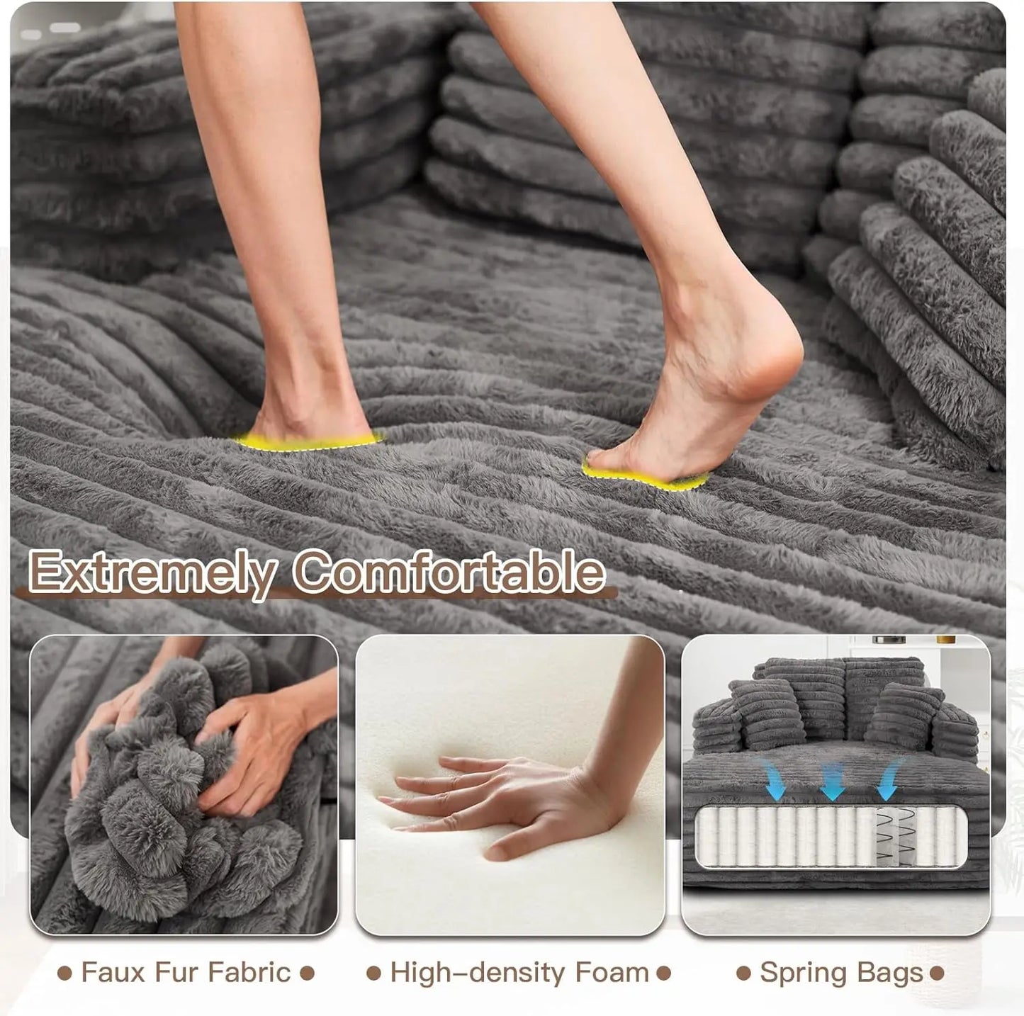 [Limited Stock!]56"W Oversized Chaise Lounge Chair Indoor,Plush Faux Fur Sleeper Sofa Couch Bed with Pillows&Wide Armrest,Fluffy