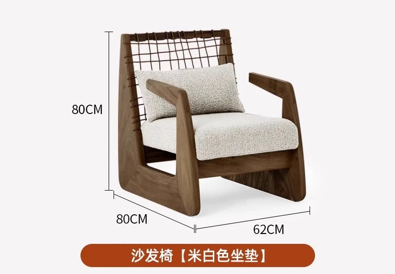 Medieval Style Solid Wood Rope Leisure Chair Retro Single Sofa Chair Wabi-sabi High-end Home Cafe Rattan Single Chair