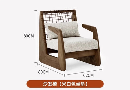 Medieval Style Solid Wood Rope Leisure Chair Retro Single Sofa Chair Wabi-sabi High-end Home Cafe Rattan Single Chair