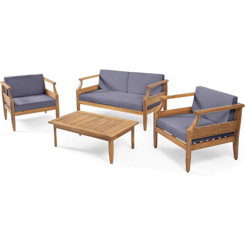 Outdoor Acacia Wood Lounge Armchair with Water Resistant Cushion, Modern Club Chair for Garden Patio Backyard Poolside