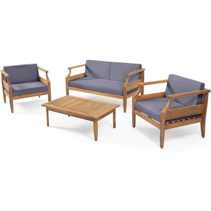 Outdoor Acacia Wood Lounge Armchair with Water Resistant Cushion, Modern Club Chair for Garden Patio Backyard Poolside