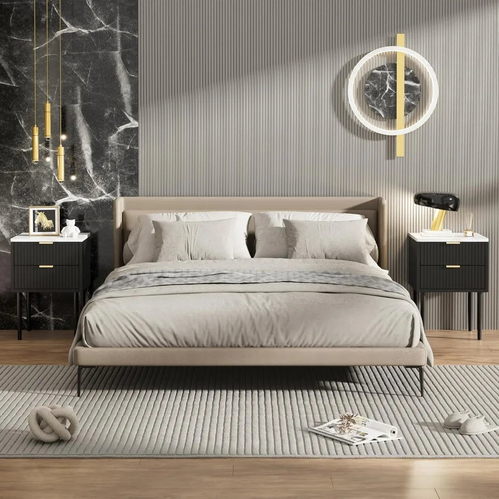 Black Marble Nightstands Set of 2 with Gold Handle, Striped Night Stand with Drawers, End Side Table with Faux Marble Top, 2 Dr