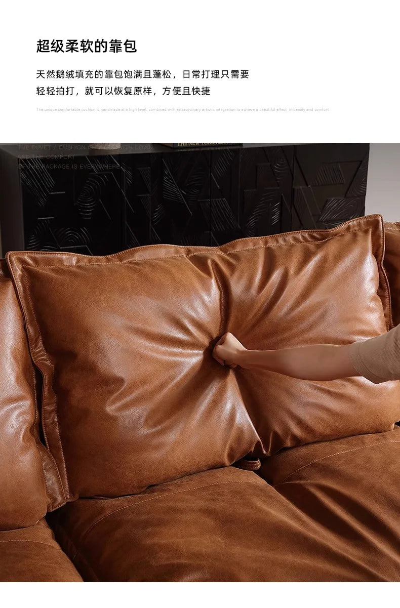 Sailing sofa retro oil wax leather super wide sitting depth adjustable backrest antique living room straight row sofa