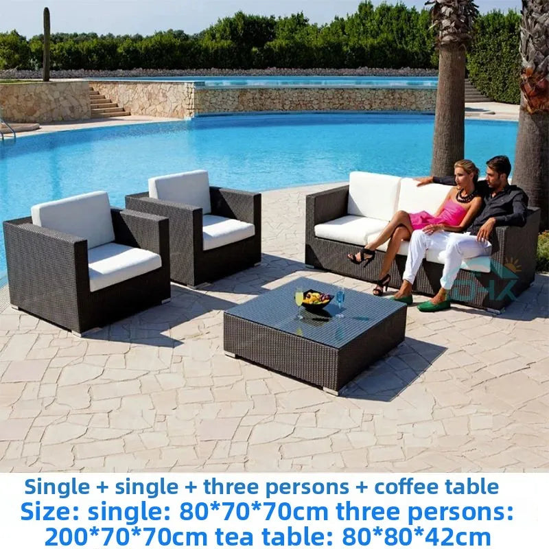 Rattan Garden Furniture Set, Outdoor Corner Sofa Couch, Handwoven Rattan Patio Conversation Set, Cushions and Glass Table