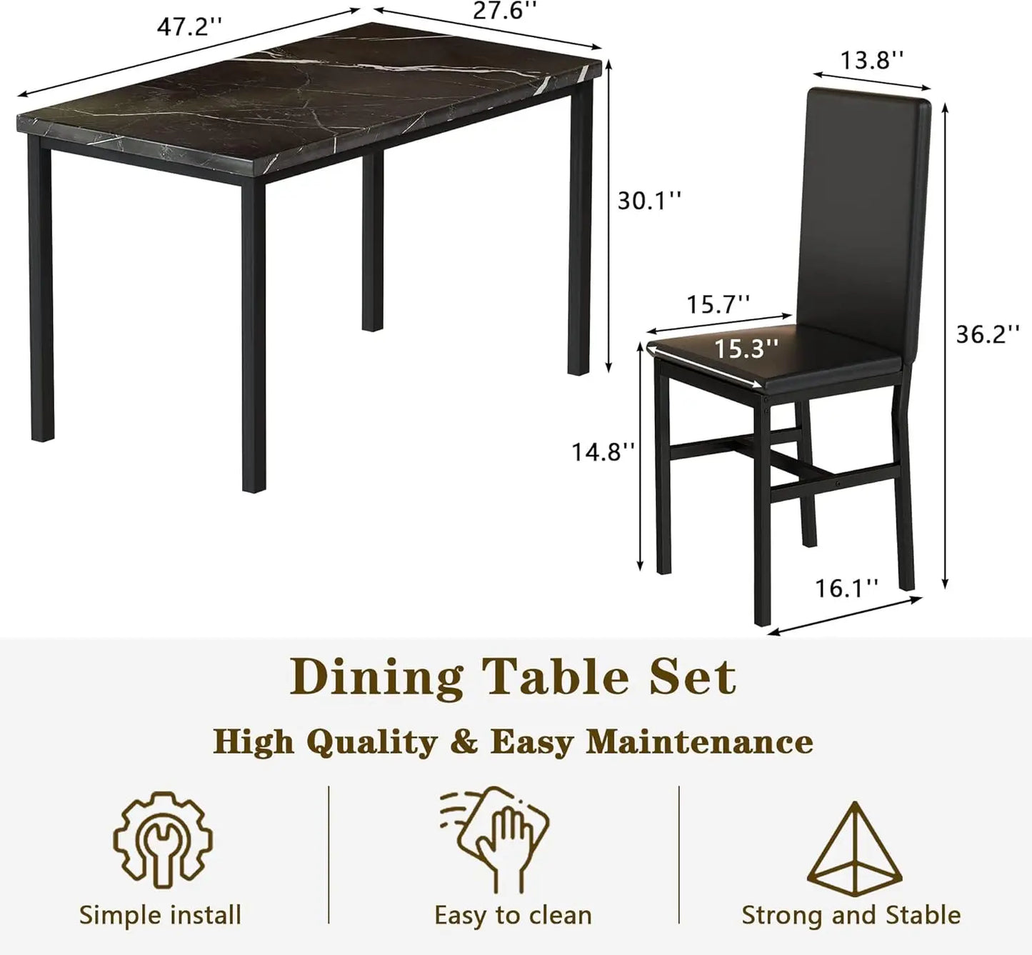 Modern Faux Marble Dining Table Set for 4 with 4 PU Leather Chairs, Black